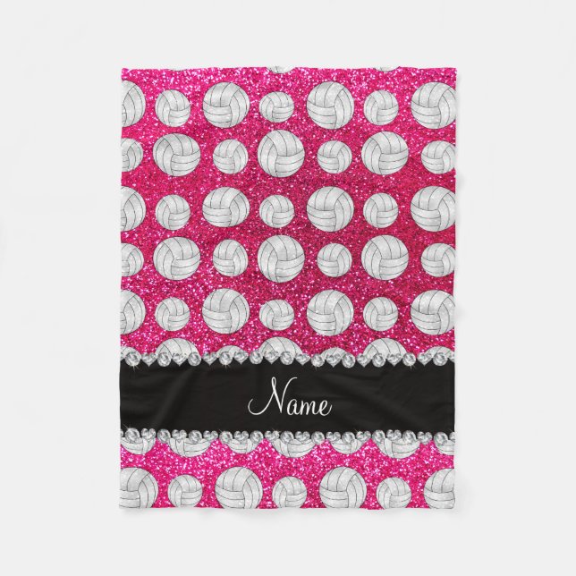Custom name neon hot pink glitter volleyballs fleece blanket (Front)