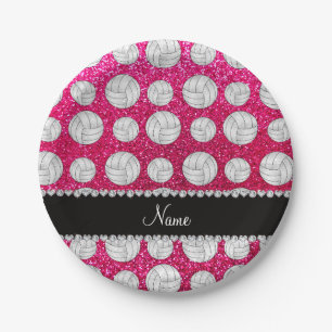 Custom name neon hot pink glitter volleyballs paper plate