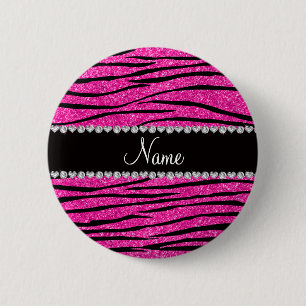 Custom name neon hot pink glitter zebra diamonds 6 cm round badge