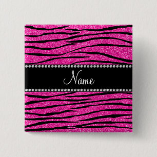 Custom name neon hot pink glitter zebra stripes 15 cm square badge