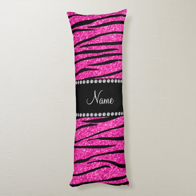 Custom name neon hot pink glitter zebra stripes body cushion (Back (Vertical))