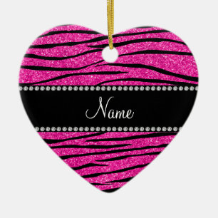 Custom name neon hot pink glitter zebra stripes ceramic tree decoration
