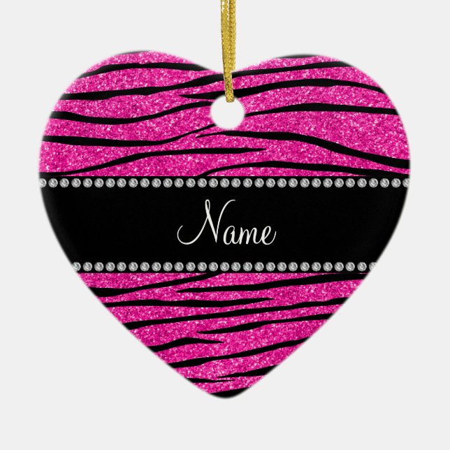 Custom name neon hot pink glitter zebra stripes ceramic tree decoration (Front)