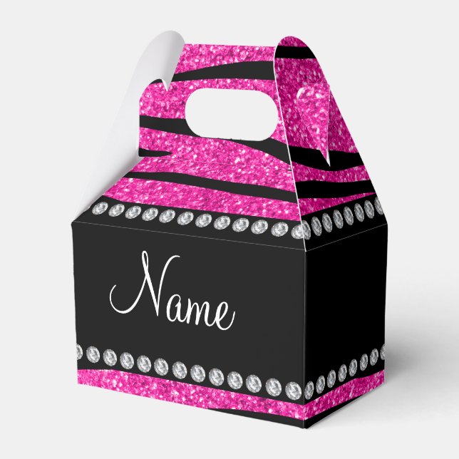 Custom name neon hot pink glitter zebra stripes favour box (Front Side)