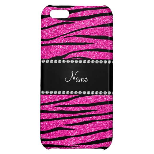 Custom name neon hot pink glitter zebra stripes iPhone case (Back)