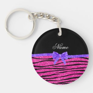 Custom name neon hot pink glitter zebra stripes key ring