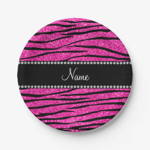 Custom name neon hot pink glitter zebra stripes paper plate