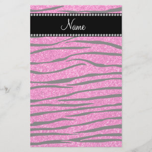 Custom name neon hot pink glitter zebra stripes stationery