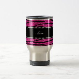 Custom name neon hot pink glitter zebra stripes travel mug