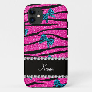 Custom name neon hot pink zebra stripes blue bows iPhone 11 case