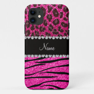 Custom name neon hot pink zebra stripes leopard iPhone 11 case
