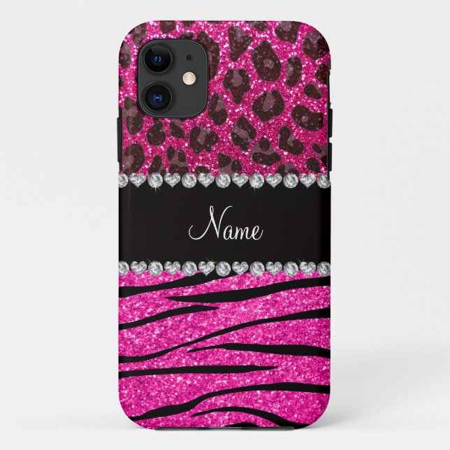 Custom name neon hot pink zebra stripes leopard Case-Mate iPhone case (Back)