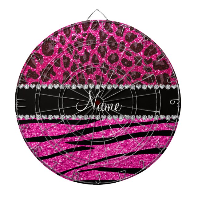 Custom name neon hot pink zebra stripes leopard dartboard (Front)