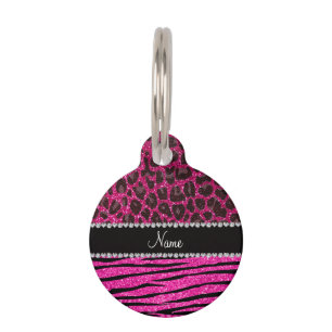 Custom name neon hot pink zebra stripes leopard pet tag