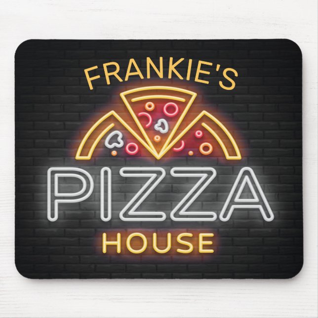 Custom NAME Neon Italian Pizzeria Pizza House Mouse Mat (Front)