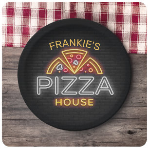 Custom NAME Neon Italian Pizzeria Pizza House Paper Plate