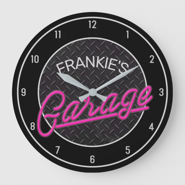 Custom NAME Neon Look Diamond Plate Garage Tools Large Clock (Front)