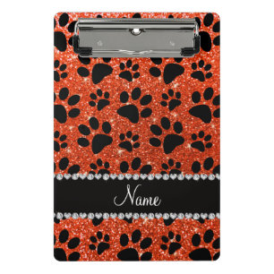 Custom name neon orange glitter black dog paws mini clipboard
