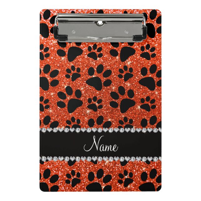 Custom name neon orange glitter black dog paws mini clipboard (Front)