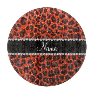 Custom name neon orange glitter leopard print cutting board