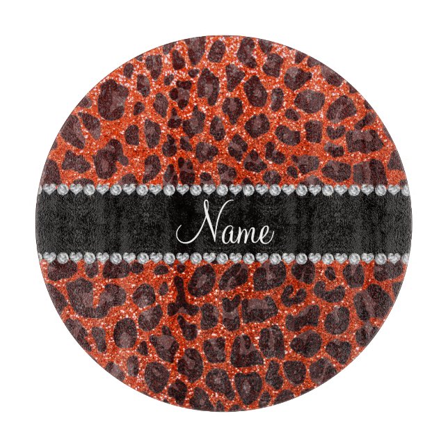 Custom name neon orange glitter leopard print cutting board (Front)
