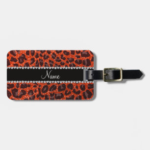 Custom name neon orange glitter leopard print luggage tag