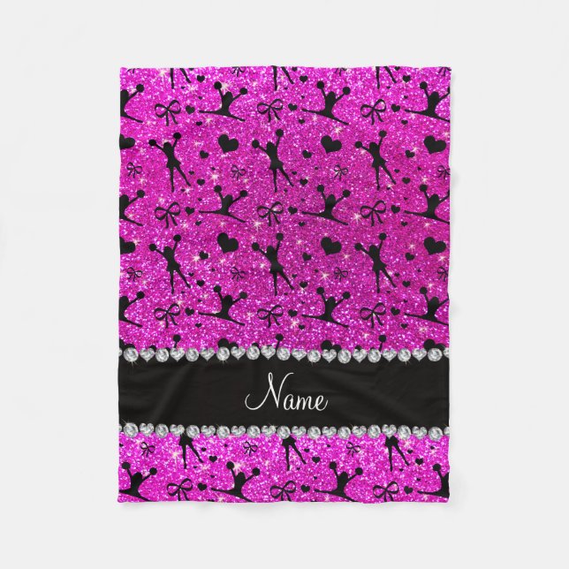 Custom name neon pink glitter cheerleading fleece blanket (Front)