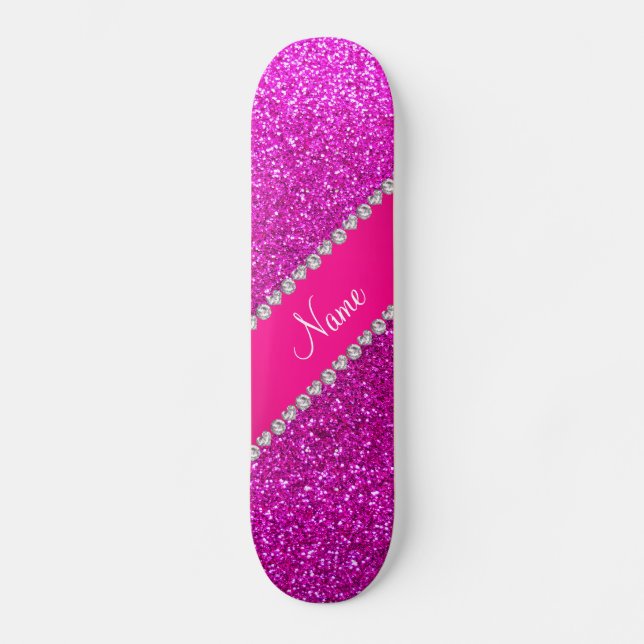 Custom name neon pink glitter hot pink stripe skateboard (Front)