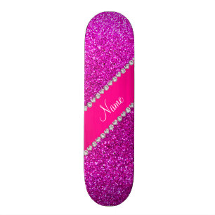 Custom name neon pink glitter hot pink stripe skateboard
