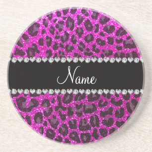 Custom name neon pink glitter leopard print coaster