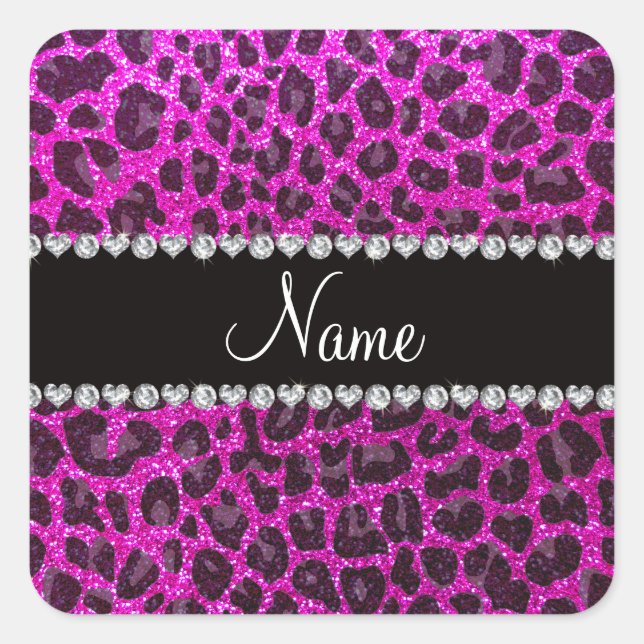 Custom name neon pink glitter leopard print square sticker (Front)