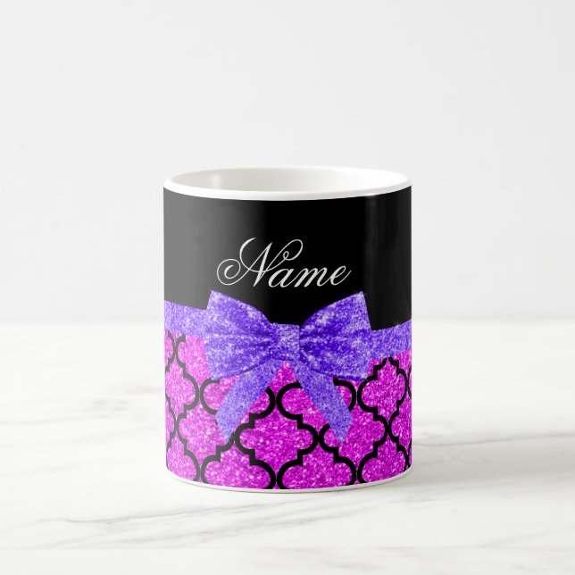 Custom name neon pink glitter moroccan purple bow coffee mug (Center)
