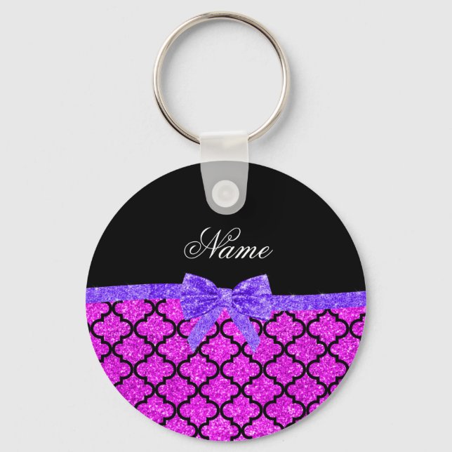 Custom name neon pink glitter moroccan purple bow key ring (Front)