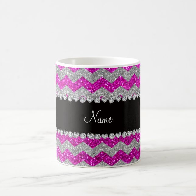 Custom name neon pink silver glitter chevrons coffee mug (Center)