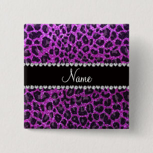 Custom name neon purple glitter leopard print 15 cm square badge