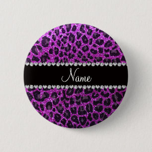 Custom name neon purple glitter leopard print 6 cm round badge