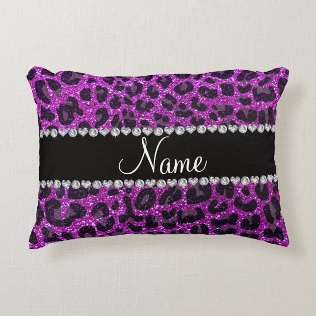 Custom name neon purple glitter leopard print decorative cushion (Front)