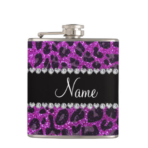 Custom name neon purple glitter leopard print hip flask