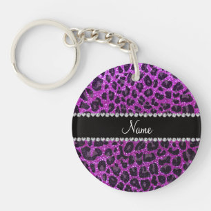Custom name neon purple glitter leopard print key ring