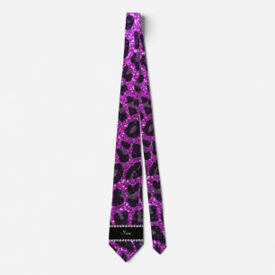 Custom name neon purple glitter leopard print tie