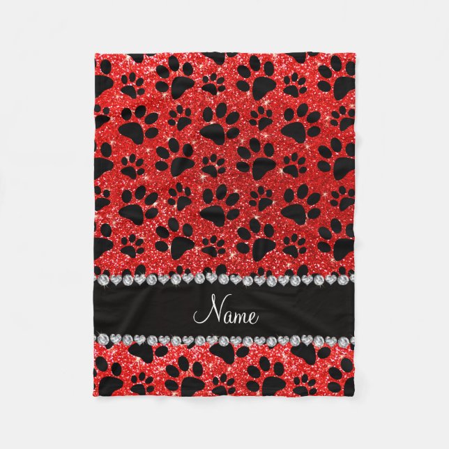 Custom name neon red glitter black dog paws fleece blanket (Front)