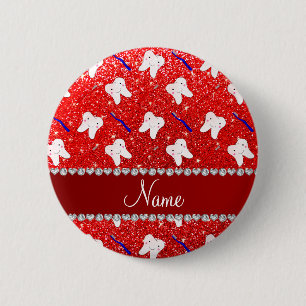 Custom name neon red glitter brushes and tooth 6 cm round badge