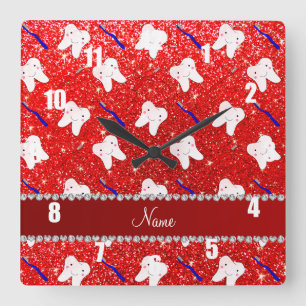 Custom name neon red glitter brushes and tooth square wall clock