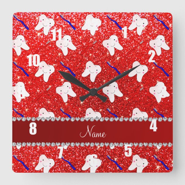 Custom name neon red glitter brushes and tooth square wall clock (Front)