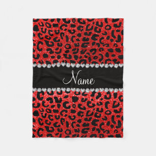 Custom name neon red glitter cheetah print fleece blanket
