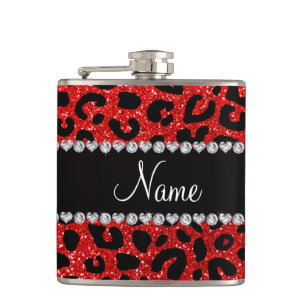 Custom name neon red glitter cheetah print hip flask