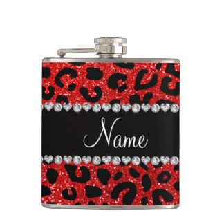 Custom name neon red glitter cheetah print hip flask