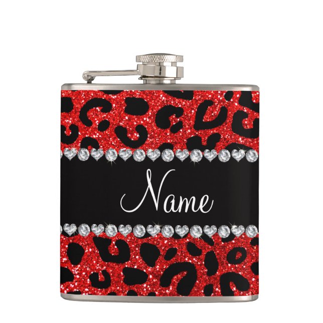 Custom name neon red glitter cheetah print hip flask (Front)
