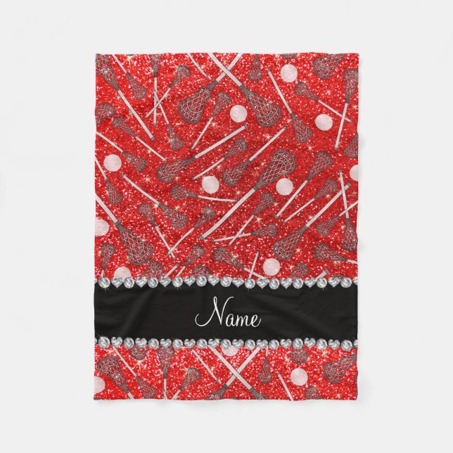 Custom name neon red glitter lacrosse sticks fleece blanket (Front)