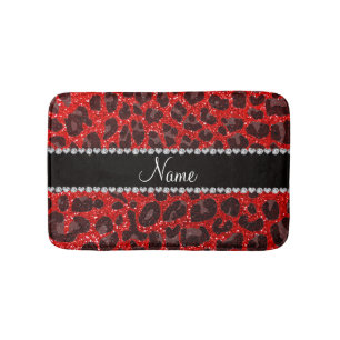 Custom name neon red glitter leopard print bath mat